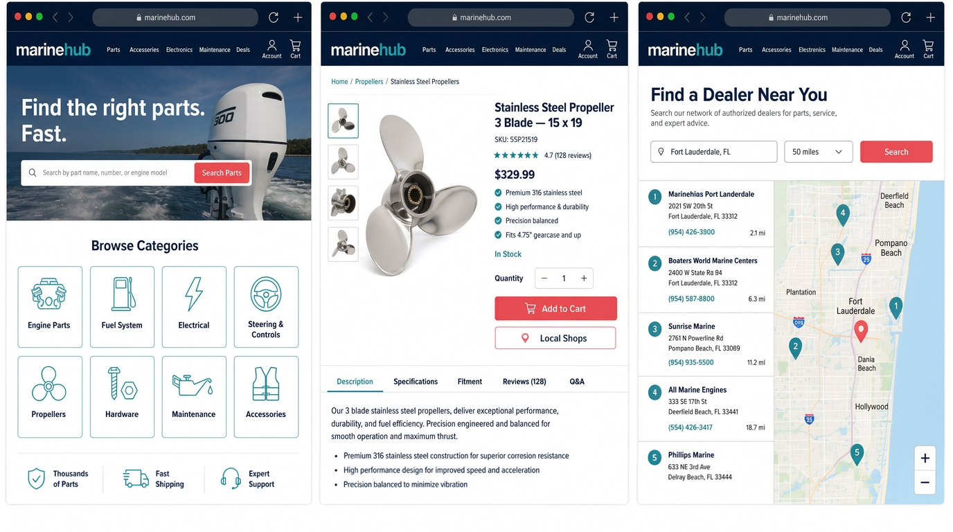 Three white-label marine e-commerce browser mockups — parts catalog, propeller product detail, and dealer locator — arranged in a compact, tight composition.