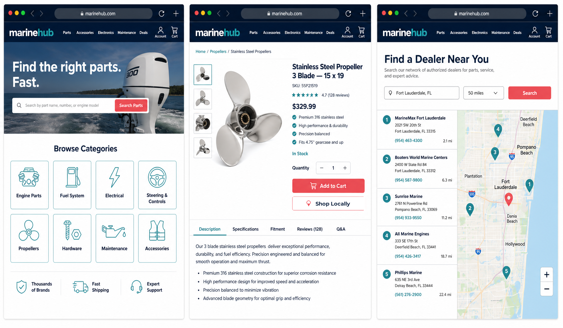 Three white-label marine e-commerce browser mockups — parts catalog, propeller product detail, and dealer locator — arranged in a compact, tight composition.