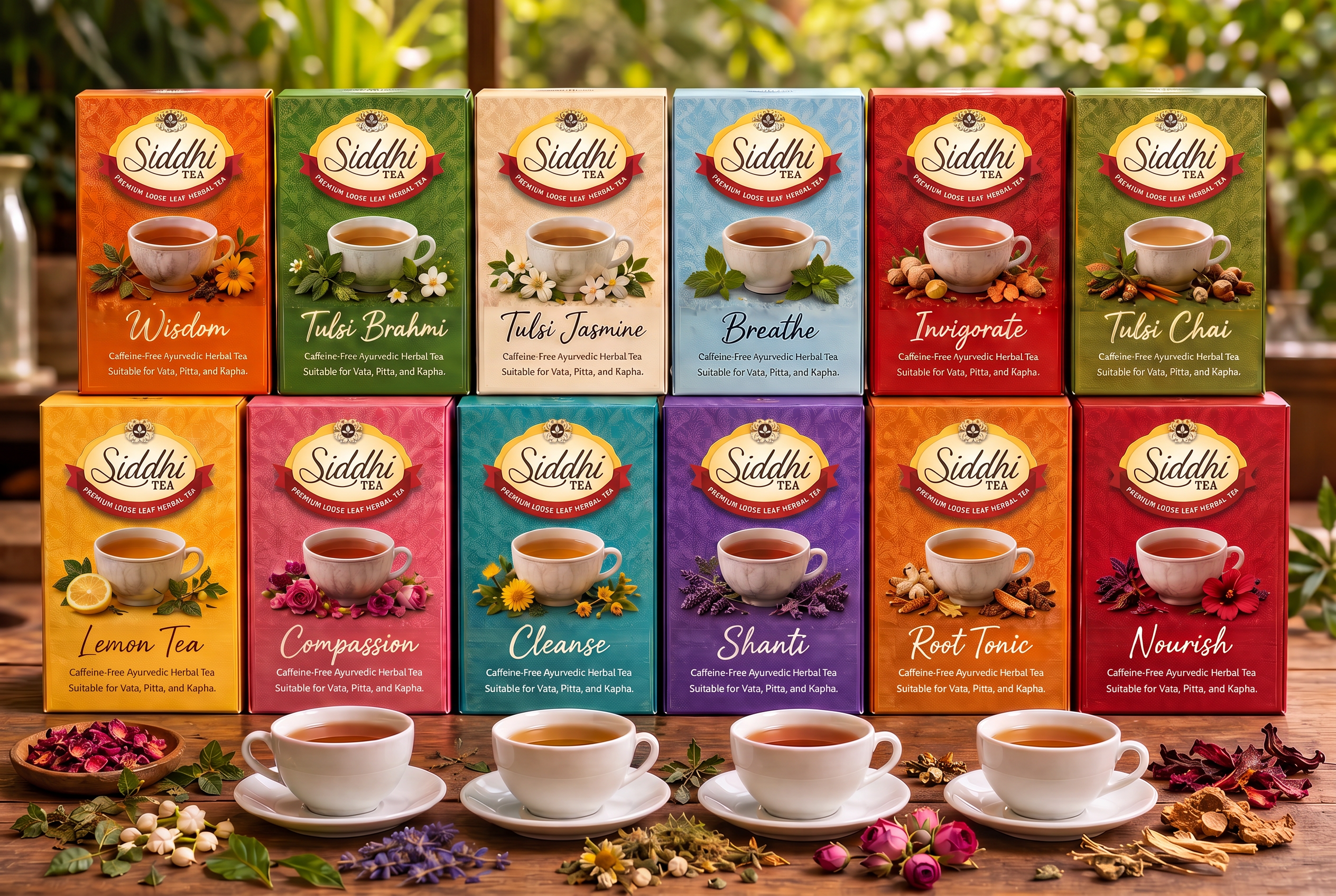 Siddhi Tea packaging lineup — twelve handcrafted tea boxes in orange, green, cream, blue, red, yellow, pink, teal, and purple, each labeled Caffeine-Free Ayurvedic Herbal Tea and Suitable for Vata, Pitta, and Kapha.